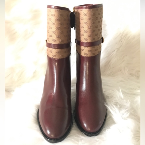 GUCCI Finn Mixed Media Ankle Boot Vintage  Bordeaux Brown Leather Size 38/8 NEW - Picture 3 of 11